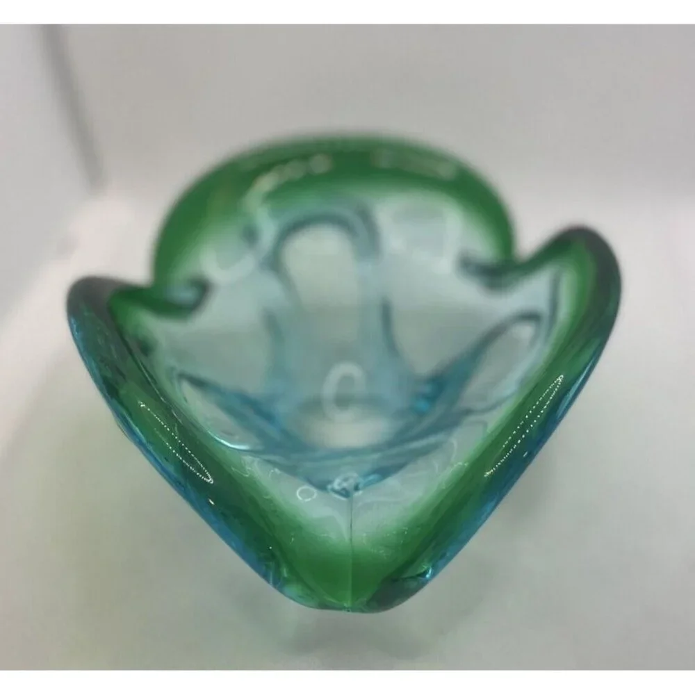 Studio Art Glass Dish Bowl Green Blue Clear Smooth Bottom 8